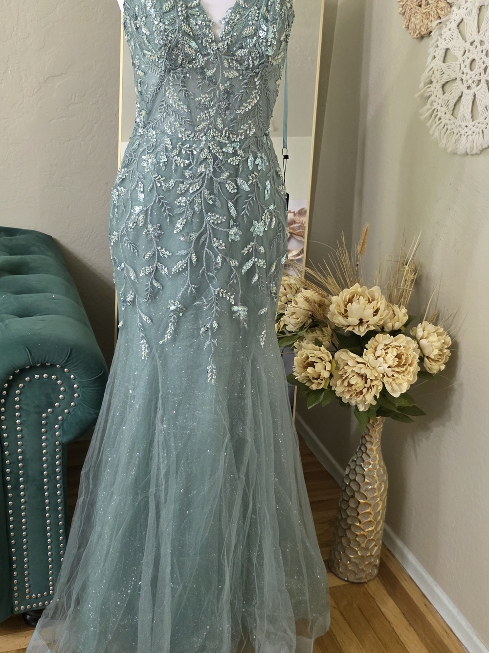 eva mendes for New York & Company Sage Beaded Floral Tulle Gown